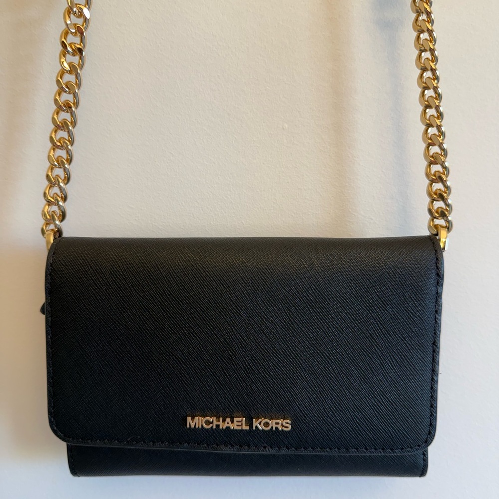 Michael Kors Black Leather Crossbody Bag | Gold Chain Strap Wallet Purse